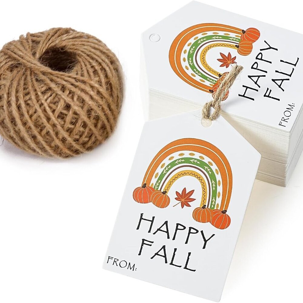 Fall Gift Tags with String - 100PCS Rainbow Pumpkin Fall Tags with 100 Feet Natu